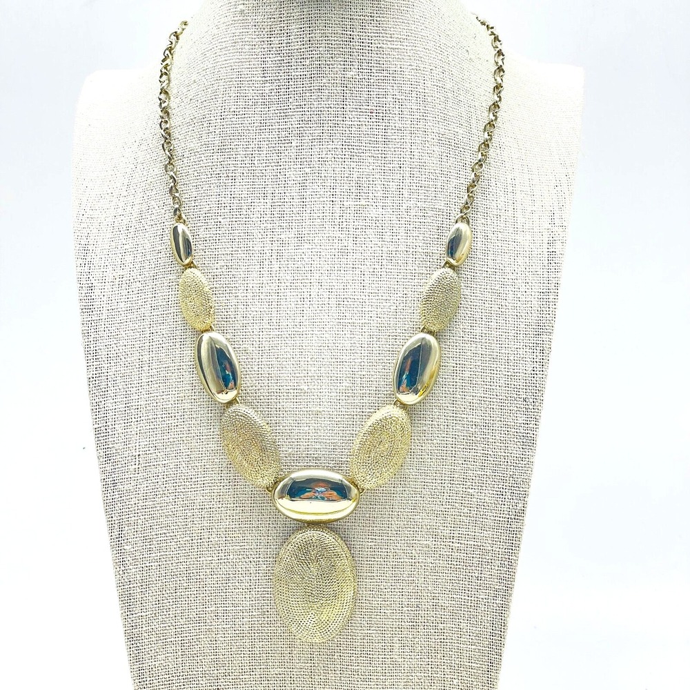 Vintage Crown Trifari Pendant Necklace Gold Tone Brushed Metal Signed Statement